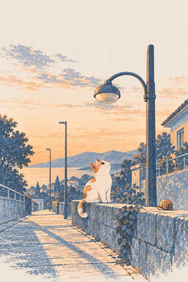 Painting: a cat under a streetlight at dusk