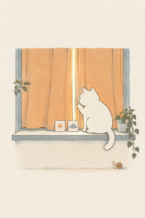 Painting: a cat on a windowsill, looking at the light coming through a gap in the curtains
