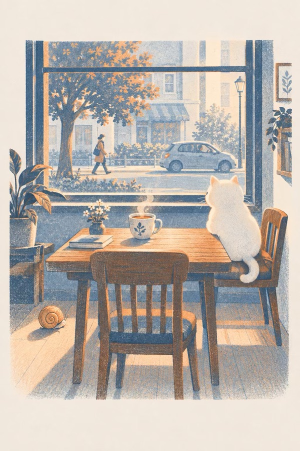 Painting: a cat at a window with a hot drink, watching the street